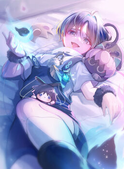 Rule 34 | 1boy, anemo symbol (genshin impact), animal, animal on shoulder, animalization, arms at sides, black cat, black hair, black overalls, blue gem, blue hair, blunt ends, casual, cat, cat on shoulder, character doll, colored inner hair, contemporary, dated, doll, eyeliner, eyeshadow, feet, fingernails, foot focus, fur wrist cuffs, gem, genshin impact, glowing gem, grey eyes, halloween, halloween costume, highres, hitodama, indoors, kneehighs, looking at viewer, lying, makeup, male focus, marionette, marionette controller, multicolored hair, official alternate costume, on back, onion tama2525, open hands, overalls, person and animalization, puppet, red eyeliner, red eyeshadow, scaramouche (cat) (genshin impact), scaramouche (genshin impact), short sleeves, signature, socks, solo, tongue, tongue out, vision (genshin impact), wanderer (genshin impact), white sleeves, white socks, wispy bangs, wrist cuffs