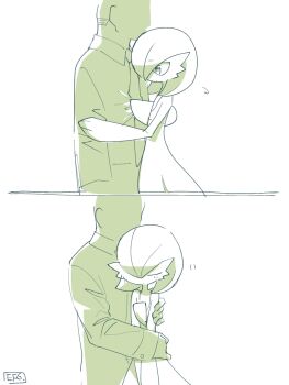 1boy absurdres artist_name bob_cut closed_eyes dress faceless faceless_male gardevoir gen_3_pokemon hair_over_one_eye highres hime_takeo hug nintendo pokemon pokemon_(creature) shirt signature simple_background white_background