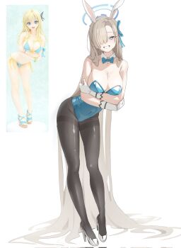 Rule 34 | 1girl, animal ear hairband, animal ears, arms under breasts, asuna (blue archive), asuna (bunny) (blue archive), blue archive, blue bow, blue bowtie, blue halo, blue leotard, bow, bowtie, breasts, brown hair, cleavage, commentary request, corrupted twitter file, crossed arms, daengj, detached collar, fake animal ears, gloves, grin, hair over one eye, hairband, halo, high heels, highres, korean commentary, large breasts, leotard, long hair, looking at viewer, mole, mole on breast, official alternate costume, playboy bunny, rabbit ear hairband, rabbit ears, reference inset, simple background, smile, solo, strapless, strapless leotard, white background, white gloves