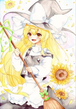 Rule 34 | 1girl, apron, black hat, black skirt, black vest, blonde hair, blush, bow, braid, broom, commentary request, flower, green bow, hair between eyes, hair bow, hat, hat bow, highres, holding, holding broom, kirisame marisa, long hair, long sleeves, looking at viewer, open mouth, painting (medium), ringo33757, side braid, single braid, skirt, smile, solo, sunflower, touhou, traditional media, very long hair, vest, watercolor (medium), white apron, white bow, witch hat, yellow eyes, yellow flower