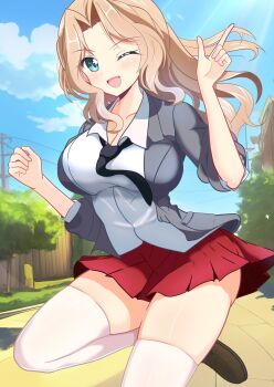 1girl absurdres black_necktie blonde_hair blue_eyes blush breasts cleavage commentary_request girls_und_panzer highres kay_(girls_und_panzer) kumaisao large_breasts long_hair looking_at_viewer miniskirt necktie one_eye_closed open_mouth outdoors pleated_skirt saunders_school_uniform school_uniform skirt sky smile solo thighhighs white_thighhighs