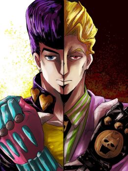 2boys blonde_hair blue_eyes crazy_diamond diamond_wa_kudakenai earrings formal_clothes gakuran heart higashikata_josuke highres ino_(iinnoo5566) jewelry jojo_no_kimyou_na_bouken killer_queen kira_yoshikage male_focus multiple_boys necktie pompadour purple_hair red_eyes school_uniform split_screen stand_(jojo) stud_earrings suit