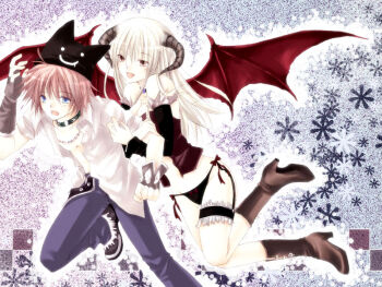1boy 1girl 2000s_(style) arm_hug babydoll black_panties black_sleeves blacksmith_(ragnarok_online) blonde_hair blue_eyes blue_pants blush boots bow bow_panties breasts brown_eyes brown_footwear brown_gloves brown_horns cleavage commentary_request demon_girl demon_wings detached_sleeves deviruchi_hat fingerless_gloves frilled_thigh_strap full_body fur-trimmed_sleeves fur_trim gloves hair_between_eyes hat horns hug hug_from_behind jewelry long_bangs long_hair looking_at_another medium_breasts necklace open_mouth panties pants pink_hair ragnarok_online red_babydoll red_wings running shirt shoes short_hair short_sleeves smile succubus_(ragnarok_online) takamura_ryou thigh_strap underwear white_shirt wings