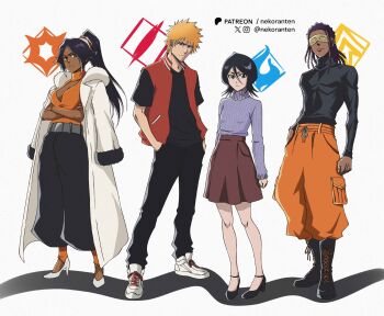 2boys 2girls absurdres alternate_costume baggy_pants black_hair black_pants bleach blindfold breasts brown_eyes brown_skirt cargo_pants cleavage cleavage_cutout clothing_cutout coat coat_on_shoulders commentary crossed_arms dark-skinned_female dark-skinned_male dark_skin dreadlocks fur-trimmed_coat fur_trim hashtag-only_commentary high-waist_skirt high_heels highres jacket kuchiki_rukia kurosaki_ichigo large_breasts medium_hair medium_skirt multiple_boys multiple_girls nekoranten orange_hair pants red_jacket ribbed_sweater shihouin_yoruichi shirt shoes short-sleeved_jacket short_sleeves skirt small_breasts sneakers spiked_hair sweater tousen_kaname turtleneck turtleneck_shirt turtleneck_sweater yellow_eyes