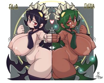 2girls ass ass-to-ass ass_press black_hair black_thighhighs breasts character_name closed_mouth commentary curvy dark-skinned_female dark_skin doctor5648 filia_(skullgirls) from_side fukua_(skullgirls) green_eyes green_hair green_lips green_thighhighs grey_background grin heart highres huge_breasts large_areolae living_hair long_hair looking_at_viewer multiple_girls nipples nude plump red_eyes samson_(skullgirls) shamone_(skullgirls) signature skullgirls smile symmetry thick_thighs thighhighs thighs very_long_hair