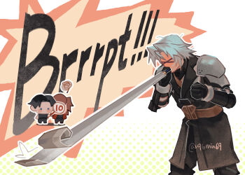 >_< 3boys 96min69 aged_down angeal_hewley armor belt black_coat black_gloves black_hair blowing brown_hair chest_strap closed_eyes coat commentary feet_out_of_frame final_fantasy final_fantasy_vii final_fantasy_vii:_ever_crisis genesis_rhapsodos gloves gradient_background grey_hair highres holding long_sleeves male_focus multiple_boys polka_dot polka_dot_background sephiroth sephiroth_(ever_crisis) short_hair shoulder_armor squiggle standing symbol-only_commentary twitter_username