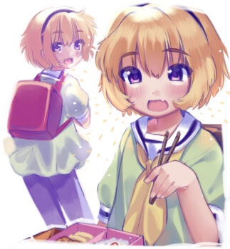 backpack bad_link bag bento black_hairband black_pants blonde_hair chopsticks cowboy_shot curly_hair dress fang green_dress hair_between_eyes hairband happy_aura higurashi_no_naku_koro_ni houjou_satoko light_blush lisa_(faeuna) looking_back multiple_views neckerchief open_mouth pants randoseru sailor_dress short_hair skin_fang smile upper_body white_background yellow_neckerchief