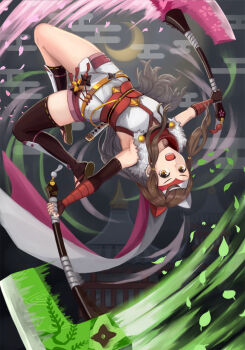 Rule 34 | 1girl, asymmetrical legwear, axe, battle axe, brown eyes, brown hair, fingerless gloves, fire emblem, fire emblem fates, fire emblem heroes, gloves, hana (fire emblem), hana (ninja) (fire emblem), headband, highres, japanese clothes, long hair, looking at viewer, mask on shoulder, ninja, nintendo, official alternate costume, open mouth, shin guards, shuriken, solo, tokisake masoho, uneven legwear, weapon