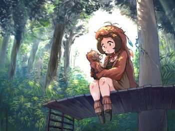 Rule 34 | 1girl, animal, black hair, boots, brown dress, brown eyes, brown hair, commentary request, dress, forest, gloves, hair ornament, highres, kemono friends, long hair, mcgunngu, multicolored hair, nature, neck ribbon, orangutan, orangutan (kemono friends), outdoors, ribbon, sitting, tree, two-tone hair