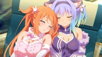 2girls animal_ears ayu_(sakura_succubus) cosmos_(sakura_succubus) fake_animal_ears game_cg head_on_another's_shoulder highres multicolored_hair multiple_girls off_shoulder official_art orange_hair purple_hair sakura_succubus sleeping sweater train twintails two-tone_hair wanaca