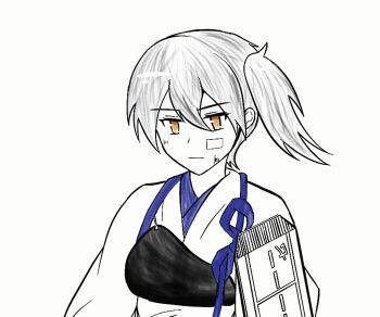 1girl animated animated_gif bandaid bandaid_on_cheek bandaid_on_face blinking chinese_commentary closed_mouth commentary_request expressionless hair_between_eyes heihuadeerha japanese_clothes kaga_(kancolle) kantai_collection kimono looking_at_viewer muneate partially_colored short_hair simple_background solo unfinished upper_body white_background yellow_eyes