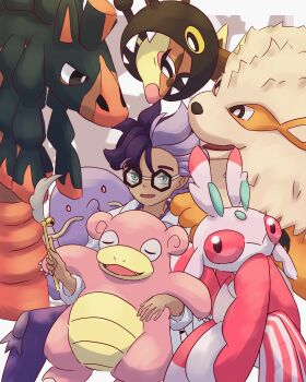 Rule 34 | 1boy, absurdres, arcanine, closed eyes, colored skin, commentary request, eyelashes, farigiraf, gen 1 pokemon, gen 3 pokemon, gen 7 pokemon, glasses, grey eyes, highres, horse, jacq (pokemon), lurantis, mudsdale, nintendo, open mouth, pink skin, pokemon, pokemon (creature), pokemon sv, purple hair, purple skin, red eyes, slowpoke, swalot, yu (pocketsun636)