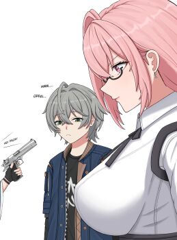 absurdres ahoge black-framed_eyewear black_gloves black_ribbon breasts collared_shirt commentary earrings english_commentary english_text fingerless_gloves fox_girl from_side glasses gloves green_eyes grey_hair gun hair_between_eyes highres holding holding_gun holding_weapon hoshimi_miyabi huge_breasts jacket jealous jewelry long_hair looking_at_breasts looking_down na_(naneesan1) pink_eyes pink_hair ribbon shirt short_hair simple_background tsukishiro_yanagi weapon wide_sleeves wise_(zenless_zone_zero) zenless_zone_zero