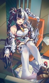 1girl absurdres ahoge animal_print aqua_nails bare_shoulders bear_print black_hair blush braid braided_twintails chair china_dress chinese_clothes collarbone commentary_request corded_phone dialyn_(zenless_zone_zero) dress earrings fr-ee-dom full_body hair_extensions hair_ornament hairclip hand_up highres holding holding_phone id_card indoors jewelry long_hair looking_at_viewer multicolored_hair necktie on_chair open_mouth panda_hair_ornament panda_print paper parted_lips phone ring_hair_extensions sitting smile solo split-color_hair teeth thighhighs upper_teeth_only white_hair white_thighhighs yellow_eyes yellow_necktie zenless_zone_zero