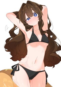 ... 1girl :/ absurdres armpits arms_behind_head arms_up bikini black_bikini blue_eyes borrowed_character breasts brown_hair elisia_valfelto hashtag-only_commentary highres long_hair looking_at_viewer navel original side-tie_bikini_bottom simple_background solo spoken_ellipsis swim_ring swimsuit uruti_2388 white_background