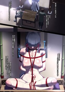 1girl ankles_tied_together arms_behind_back ayaka_(genshin_impact) barefoot bdsm blindfold blue_hair blush bondage bound bound_ankles bound_arms bound_legs breasts breasts_apart completely_nude feet female_focus gag genshin_impact hair_ornament highres indoors knees_apart_feet_together long_hair mouth_hold navel nipples nude ponytail restrained rope shibari sweat toes translation_request zetsu_red