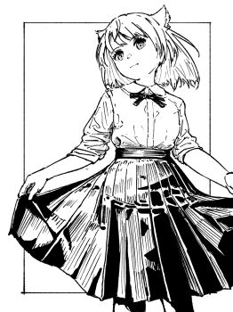 1girl alternate_costume animal_ear_fluff animal_ears cat_ears cat_girl chin_bell closed_mouth clothes_lift collared_shirt commentary_request greyscale highres inset_border looking_at_viewer mio_(xenoblade) monochrome outside_border pleated_skirt shirt simple_background skirt skirt_lift solo standing white_background xenoblade_chronicles_(series) xenoblade_chronicles_3