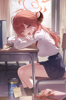 Rule 34 | 1girl, absurdres, aru (blue archive), black skirt, blue archive, book, breasts, commentary, crossed arms, dated commentary, demon horns, desk, full body, halo, highres, horns, large breasts, looking at viewer, okkimon, open mouth, orange eyes, pencil, red hair, school desk, shirt, skirt, white shirt