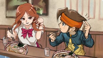 1boy 1girl bow bowtie brown_hair chopsticks eating endou_mamoru food hairband inazuma_eleven_(series) long_hair noodles raimon_natsumi ramen shirt short_hair sitting twitter white_shirt