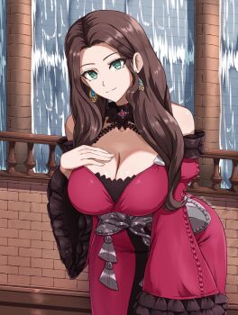 1girl bare_shoulders breasts brown_hair cleavage closed_mouth detached_sleeves dorothea_arnault dorothea_arnault_(timeskip) dress earrings fgsketch fire_emblem fire_emblem:_three_houses green_eyes hand_on_own_chest highres jewelry large_breasts long_hair long_sleeves looking_at_viewer nintendo red_dress solo water