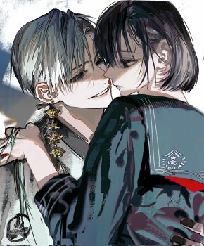 1boy 1girl avandee11949 black_hair black_sailor_collar black_serafuku earrings fox_mask_(silent_hill) highres japanese_clothes jewelry kimono neckerchief red_neckerchief robe sailor_collar school_swimsuit school_uniform serafuku shimizu_hinako silent_hill_(series) silent_hill_f swimsuit tassel tassel_earrings white_hair white_robe