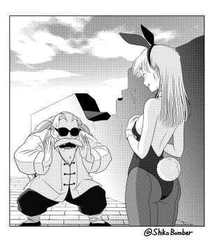 1boy 1girl alternate_costume animal_ears arm_behind_head armpits ass bare_shoulders blush breasts bulma cleavage covering_own_mouth curvy detached_sleeves dragon_ball dragon_ball_(classic) fake_animal_ears fake_tail female_pervert grabbing_own_breast hetero highleg highleg_leotard highres leotard looking_at_another looking_at_viewer medium_hair monochrome muten_roushi official_alternate_costume oolong open_mouth outdoors pantyhose pervert playboy_bunny rabbit_ears rabbit_tail shikobomber strapless strapless_leotard tail twitter_username wide_hips