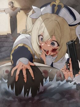 1girl 2boys asphyxiation barbara_(genshin_impact) black_hair blonde_hair blood blood_on_face blood_on_hands blue_eyes body_bag crazy_smile crucifixion drill_hair drowning empty_eyes flasso genshin_impact gun handgun hat highres holding holding_gun holding_weapon multiple_boys murder out_of_character smile twin_drills water weapon