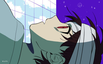 1boy anime_coloring bags_under_eyes bandaged_head bandages black_hair blue_shirt building cloud commentary_request from_side hair_behind_ear hair_between_eyes highres long_hair looking_up male_focus no_sclera official_alternate_costume official_alternate_eye_color omori outdoors parted_lips portrait profile purple_sky red_eyes reflective_surface shirt short_hair sky solo sparkle spoilers sunny_(hospital_gown)_(omori) sunny_(omori) toastytoast very_long_hair very_short_hair