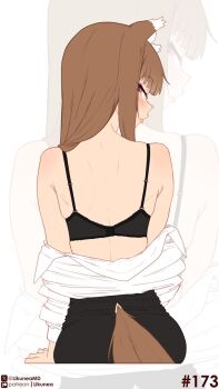 1girl animal_ears back black_bra black_skirt blush bra brown_hair commentary english_commentary from_behind highres holo likunea long_hair looking_back patreon_logo patreon_username shirt simple_background skindentation skirt solo spice_and_wolf tail twitter_username twitter_x_logo underwear white_background white_shirt wolf_ears wolf_girl wolf_tail zoom_layer
