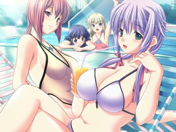 4girls :d arise_mayu bare_shoulders beach_chair bikini blonde_hair blue_hair breasts cleavage covered_navel cup game_cg green_eyes hitozuma_cosplay_kissa_(series) hitozuma_cosplay_kissa_2 holding holding_cup kouzuki_natsuki large_breasts long_hair looking_at_viewer m&amp;m_(mickey_and_mackey) multiple_girls open_mouth pool purple_hair red_hair saionji_lisa sakurai_sakurako_(hitozuma_cosplay_kissa) short_hair smile swimsuit waving white_bikini