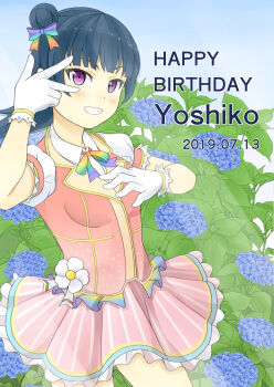 1girl 2019 artist_name artist_request black_eyes black_hair blue_flower blue_hair blush bow breasts center_frills cleavage collared_dress collared_shirt dress easter female_focus flower frills gloves hair_bow hair_bun hands_up highres long_hair looking_at_viewer love_live! love_live!_school_idol_festival love_live!_sunshine!! pink_dress pink_skirt rainbow_bow red_eyes shirt shoes short_sleeves side_bun single_hair_bun skirt smile solo song_name star_(symbol) teeth tsushima_yoshiko v v_over_eye white_gloves