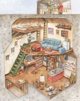 absurdres ballpoint_pen_(medium) bed bookshelf chair computer couch dollhouse_view easel highres ladder model_airplane monitor original painting_(medium) pen_(medium) pliers refrigerator robot rocket stairs television traditional_media tsuboi_hajime watercolor_(medium) workshop