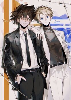 Rule 34 | 2boys, barbed wire, belt, belt buckle, black belt, black pants, black shirt, black suit, blonde hair, blue eyes, brown eyes, brown hair, buckle, character name, closed mouth, collared shirt, commentary request, digimon, digimon adventure, digimon adventure tri., double-parted bangs, formal clothes, frown, hair between eyes, hand in pocket, hand on another's shoulder, hands in pockets, highres, ishida yamato, jacket, lapels, layered sleeves, long sleeves, looking at viewer, male focus, multiple boys, notched lapels, open clothes, open jacket, pants, shirt, shirt tucked in, smile, suit, suit jacket, szr 02, turtleneck, white pants, white shirt, white suit, wing collar, yagami taichi