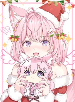 1girl absurdres alternate_costume animal_ear_fluff animal_ears antenna_hair blush character_doll commentary doll dress fang fur-trimmed_dress fur-trimmed_headwear fur_trim hakui_koyori hat highres holding holding_doll hololive kyabetsu_ningen looking_at_viewer nail_polish open_mouth pink_hair pink_nails purple_eyes red_hat santa_costume santa_dress santa_hat smile solo symbol-only_commentary tail virtual_youtuber wolf_ears wolf_girl wolf_tail