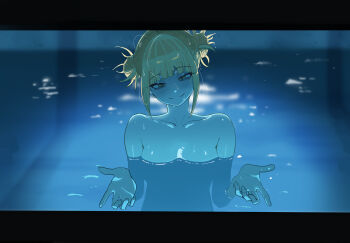 1girl absurdres blonde_hair blunt_bangs boku_no_hero_academia breasts chainsaw_man closed_mouth double_bun hair_bun highres looking_at_viewer medium_breasts messy_hair partially_submerged pool scene_reference sidelocks smile solo toga_himiko water yellow_eyes zd_(pixiv6210083)