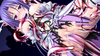 1girl blush breasts censored cum dutch_angle fellatio game_cg higuchi_isami large_breasts large_variant_set long_hair magical_girl mahou_shoujo_sae mosaic_censoring murakami_shizuru nipples non-web_source official_art oral purple_eyes purple_hair pussy rape solo spread_legs tears tentacle_sex tentacles thighhighs torn_clothes vaginal variant_set