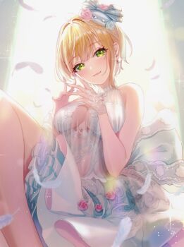 Rule 34 | 1girl, bare shoulders, blonde hair, blue dress, blue flower, blue neckwear, blue rose, blush, breasts, bridal gauntlets, cleavage, closed mouth, commentary request, dress, earrings, feathers, female focus, flower, green eyes, hair between eyes, hair flower, hair ornament, hands up, highres, idolmaster, idolmaster cinderella girls, jewelry, lips, looking at viewer, magako, medium breasts, miyamoto frederica, pink flower, pink rose, rose, see-through clothes, short hair, sleeveless, sleeveless dress, smile, solo, white feathers