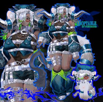 1girl adoptable animal_ears artist_name bare_shoulders bead_necklace beads bell belt black_hair black_horns blue_hat blue_leg_warmers blue_outline blue_shorts blue_vest breasts chibi chibi_inset cleavage closed_mouth collar commentary cow_ears cow_tail cowbell cowboy_shot dark-skinned_female dark_skin denim denim_shorts detached_sleeves english_commentary eyeshadow face_piercing frown full_body fur-trimmed_headwear fur_trim glasses green_streaks grey_eyes grey_tail hair_over_one_eye hat highres horns huge_breasts jewelry leg_warmers leotard looking_to_the_side makeup multicolored_hair multiple_belts navel necklace nose_piercing nose_ring o-ring o-ring_thigh_strap original outline piercing red-framed_eyewear shoes shorts standing tail thick_thighs thigh_strap thighs two-tone_hair vest white_belt white_collar white_hair white_shoes yusu_zune zoom_layer