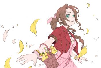 Rule 34 | 1girl, aerith gainsborough, arm belt, bangle, basket, bracelet, braid, braided ponytail, breasts, brown hair, choker, commentary request, cropped jacket, dress, falling petals, final fantasy, final fantasy vii, final fantasy vii remake, flower, flower basket, flower choker, green eyes, hair ribbon, highres, holding, holding basket, jacket, jewelry, lily (flower), long hair, medium breasts, parted bangs, parted lips, petals, pink dress, pink flower, pink ribbon, red jacket, ribbon, ringon, short sleeves, sidelocks, single braid, solo, upper body, white background, white petals, yellow flower, yellow petals