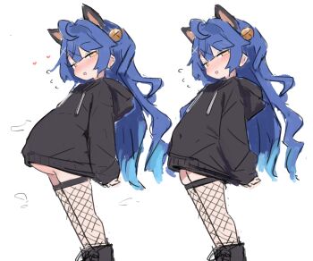 Rule 34 | 1girl, amamiya kokoro, animal ears, bell, big belly, black boots, black hoodie, blue hair, blush, boots, cat ears, commentary, covered navel, fishnet thighhighs, fishnets, hair bell, hair ornament, heart, heart in eye, highres, hood, hoodie, long hair, looking at viewer, nijisanji, no panties, pregnant, sa ka (sakanoya), simple background, symbol in eye, thighhighs, white background, yellow eyes