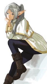 1girl absurdres belt black_belt black_pantyhose boots brown_boots capelet closed_mouth earrings elbow_on_knee elbow_rest elf floating_earrings foot_out_of_frame frieren gold_trim green_eyes head_rest highres j@ck jacket jewelry knee_boots knee_up legs long_hair looking_at_viewer pantyhose parted_bangs pointy_ears short_eyebrows sitting skirt skirt_set solo sousou_no_frieren twintails white_background white_capelet white_hair white_jacket white_skirt