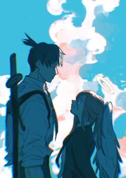 2boys androgynous angel angel_devil_(chainsaw_man) angel_wings black_jacket blue_sky business_suit chainsaw_man chest_height cloud cloudy_sky commentary earrings feathered_wings formal_clothes from_side hair_between_eyes halo hayakawa_aki height_difference jacket jewelry long_hair looking_at_another looking_down looking_up male_focus multiple_boys necktie penguin_jun red_hair shirt sky stud_earrings suit suit_jacket sword sword_on_back topknot traditional_halo weapon weapon_on_back white_wings wings