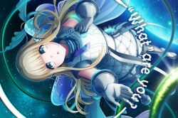Rule 34 | 1girl, :o, aqua eyes, blonde hair, blue theme, blunt bangs, d4dj, dress, ear covers, elbow gloves, english text, floating, floating hair, fukushima noa, gloves, glowing, green eyes, hand on own chest, multicolored eyes, official art, puffy dress, reaching, sidelocks, silver trim, sky, solo, space, spacesuit, star (sky), star (symbol), starry background, starry sky, white dress, white footwear, yellow eyes