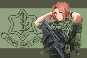 1girl brown_hair clock closed_mouth emblem gun hair_ornament hand_up israel_defense_forces jpc laser_pointer lips original rifle weapon