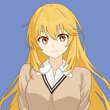 Rule 34 | 1girl, adapted costume, blonde hair, blue background, brown sweater, collared shirt, commentary request, hair between eyes, long hair, looking at viewer, nekoshi (d n 49), school uniform, shirt, shokuhou misaki, smile, solo, sweater, toaru kagaku no mental out, toaru kagaku no railgun, toaru majutsu no index, tokiwadai school uniform, upper body, white shirt, yellow eyes