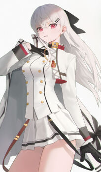 Rule 34 | 1girl, absurdres, black bow, black gloves, bow, breasts, commentary, girls' frontline, gloves, hair bow, hair ornament, hairclip, hand on own chest, highres, iws 2000 (girls' frontline), jacket, kir (khw66136132), long hair, looking at viewer, parted lips, red eyes, simple background, skirt, solo, white background, white hair, white jacket, white skirt