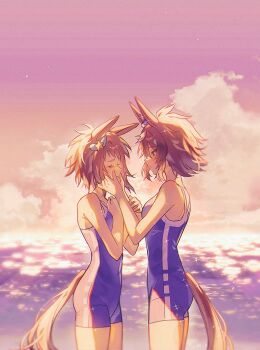2girls animal_ears bare_shoulders biko_pegasus_(umamusume) blue_one-piece_swimsuit blush breasts brown_hair closed_eyes clothing_cutout cloud competition_school_swimsuit crying ear_ornament facing_another fxtsr hair_ornament highres horse_ears horse_girl horse_tail looking_at_another multiple_girls ocean one-piece_swimsuit pink_sky school_swimsuit shinko_windy_(umamusume) short_hair single_vertical_stripe sky swimsuit tail tail_through_clothes tracen_swimsuit umamusume water wing_ornament yuri