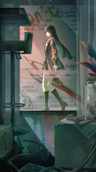 1girl absurdres arm_cutout black_hair black_jacket black_shoes black_skirt black_socks blood blood_writing box chinese_commentary chisa_(wuthering_waves) closed_mouth clothing_cutout commentary_request from_inside from_side highres holding holding_sword holding_weapon huqu_(huqu45712) jacket long_hair long_sleeves red_eyes sailor_collar shoes skirt socks solo sword thighs weapon white_sailor_collar wuthering_waves