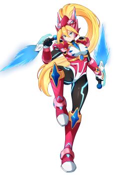 1girl absurdres alternate_costume armor armored_boots armored_gloves biometal blonde_hair blue_eyes body_armor bodystocking boots breasts chest_jewel ciel_(mega_man) commission commissioner_upload covered_navel dual_wielding elbow_gloves energy_dagger eyelashes fighting_stance forehead_jewel full_body gauntlets gloves helmet high_heel_boots high_heels highres holding knee_boots leotard long_bangs looking_at_viewer marino_(mega_man) mechanical_ears mega_man_(series) mega_man_zero_(series) mega_man_zx non-web_source petite ponytail shoulder_armor small_breasts solo thighs transparent_background uta_guipiy