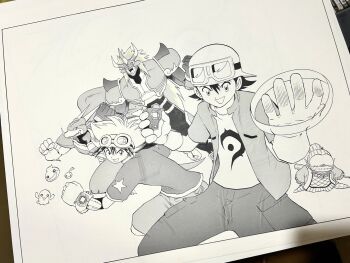 Rule 34 | 1girl, 3boys, agnimon, armor, babamon, d-scanner, digimon, digimon adventure v-tamer 01, digimon frontier, goggles, goggles on head, highres, in-franchise crossover, kanbara takuya, long hair, mochimon, multiple boys, photo (medium), print shirt, shirt, short hair, simple background, white background, yabuno ten'ya, yagami taichi (digimon adventure v-tamer 01)